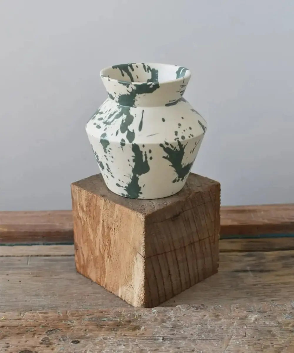 Customized ceramic vase with sage green splatters, handcrafted by OWO Ceramics