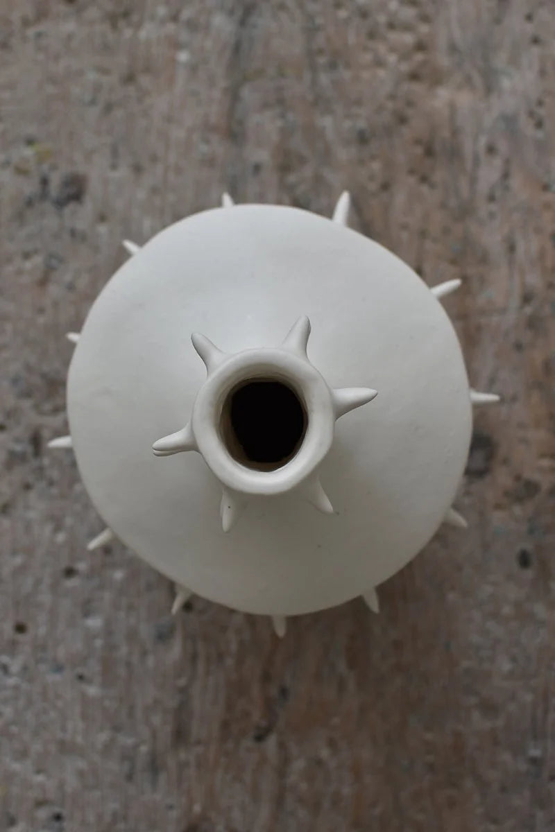 Upper view of handmade ceramic decorative flower vase with spikes