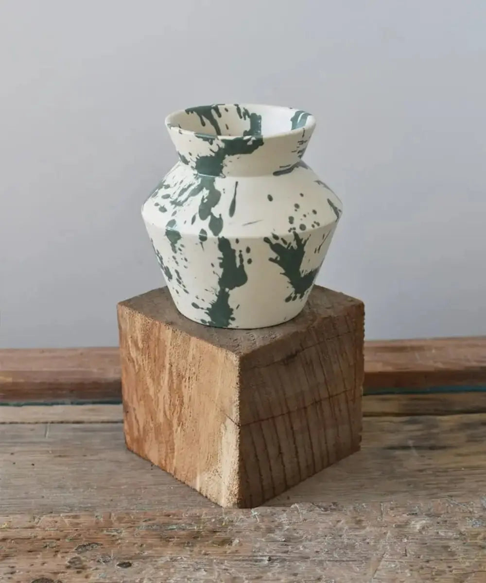 Customized ceramic vase with sage green splatters, handcrafted by OWO Ceramics 