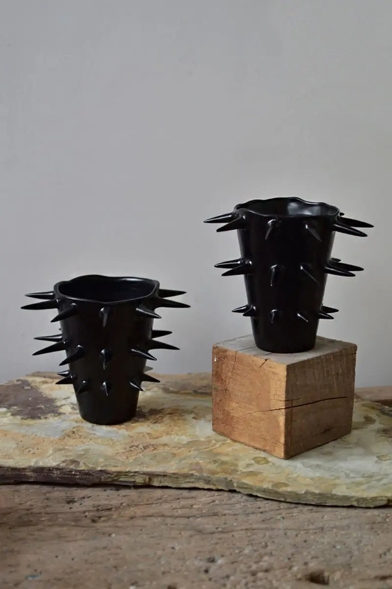 Handmade pottery black decorative vase with spikes