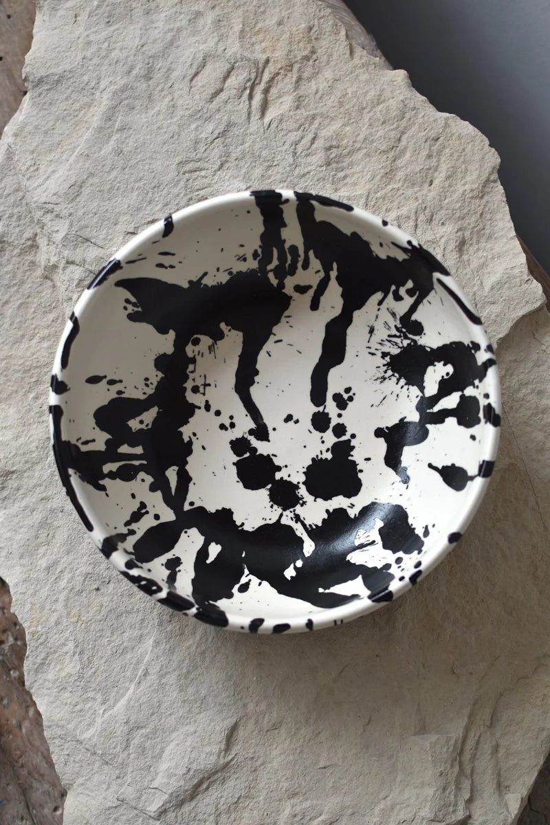 Handmade large ceramic salad bowl with hand-painted black splatters by OWO Ceramics