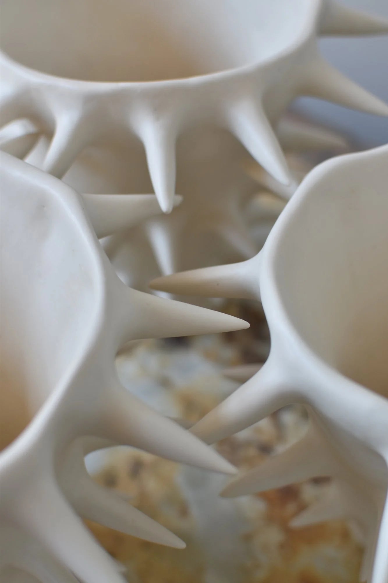 Close-up of handmade white ceramic flower vases with spikes