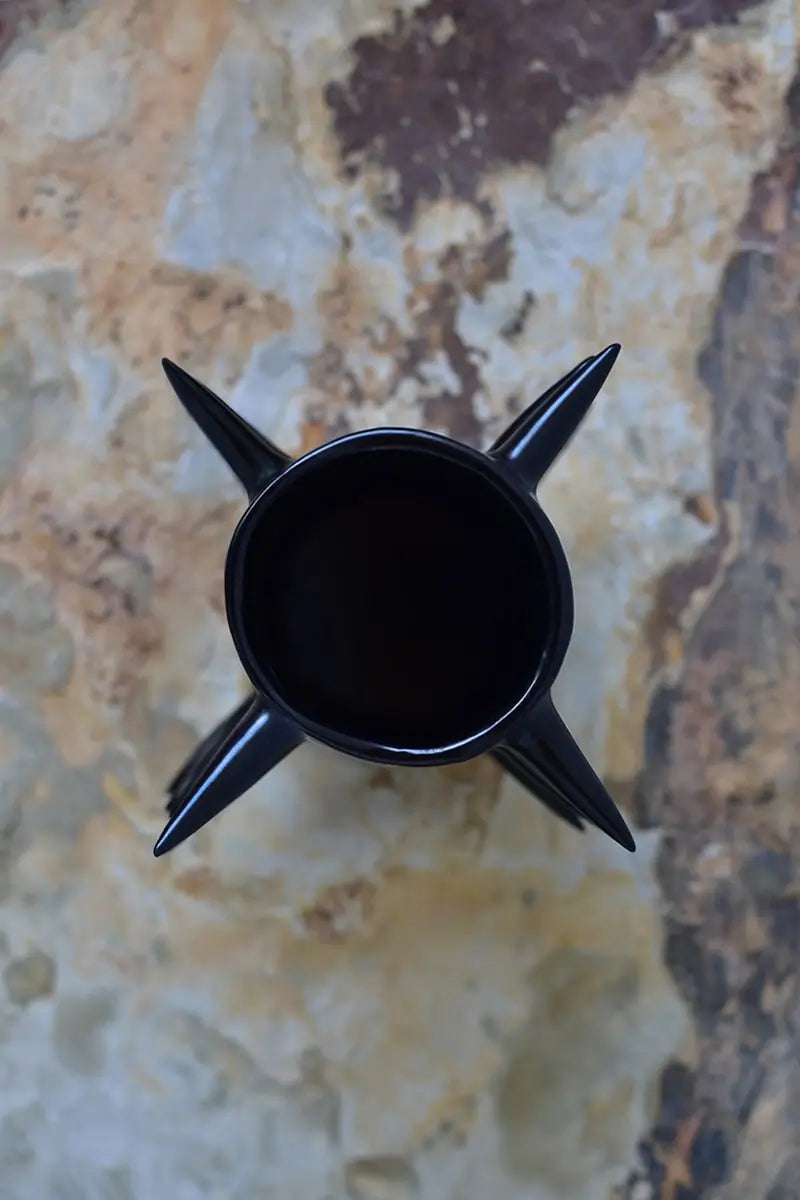 Upper view of handmade ceramic black flower vase with spikes