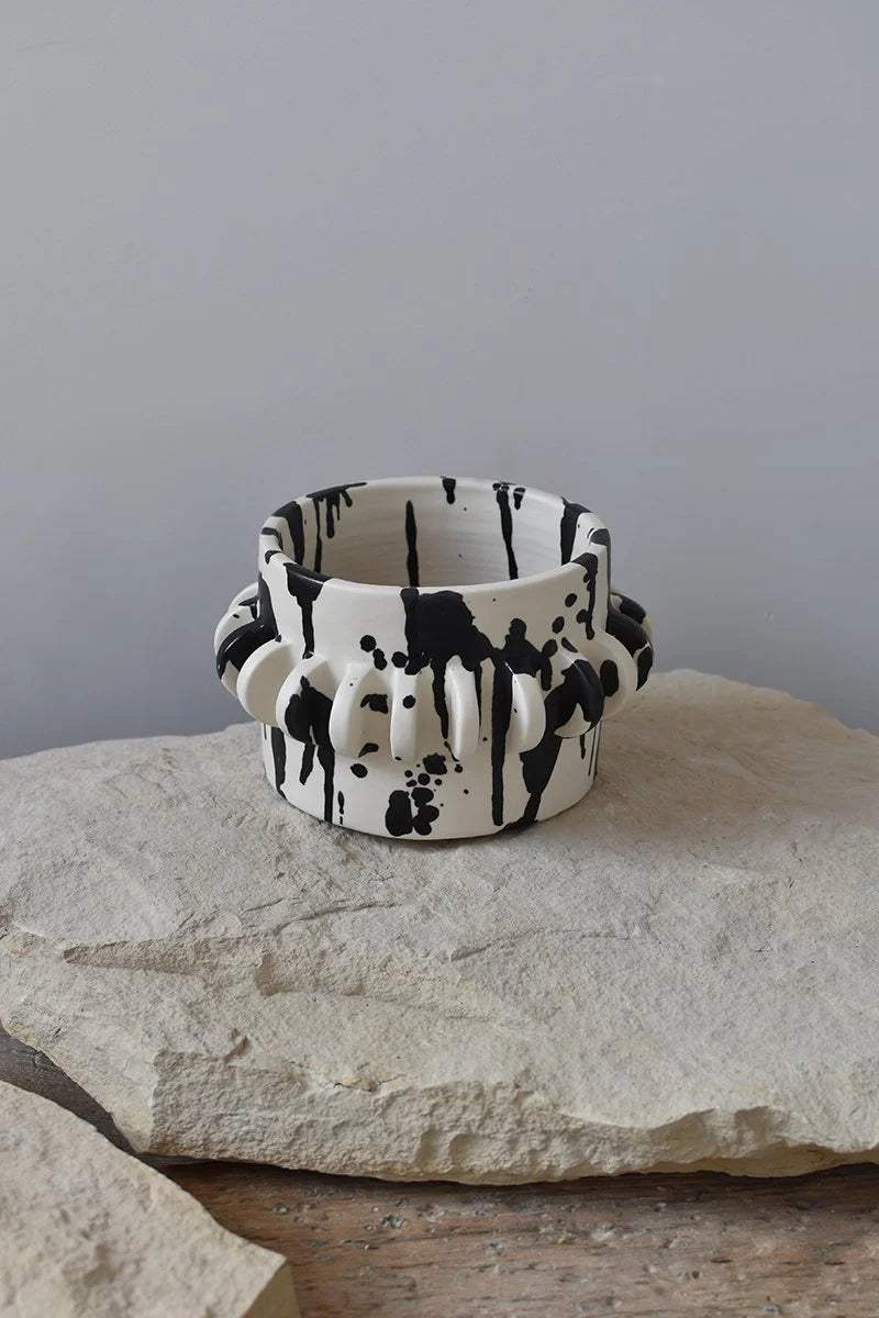 Handmade ceramic planter with hand-painted black splatters by OWO Ceramics