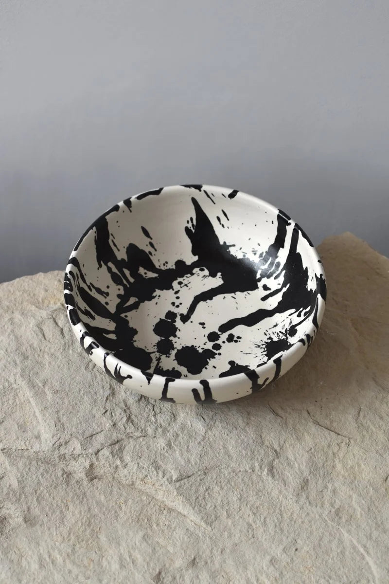 Large ceramic salad bowl with hand-painted black splatters by OWO Ceramics