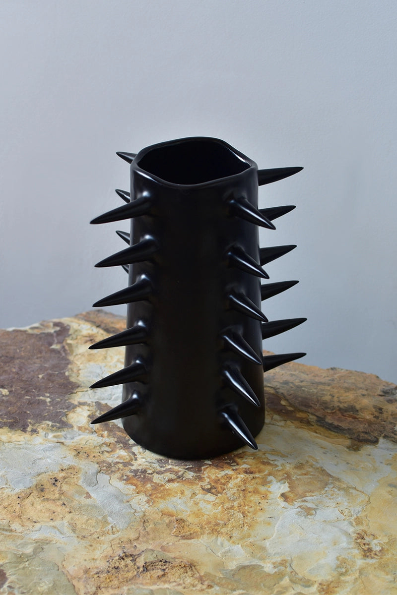 Handmade pottery black flower vase with spikes by OWO Ceramics