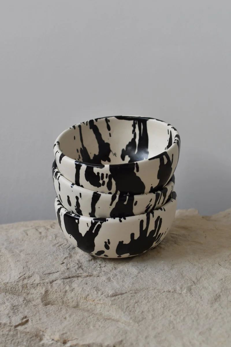 Handmade pottery bowls with black splatters, perfect for breakfast, cereal, fruits or soup