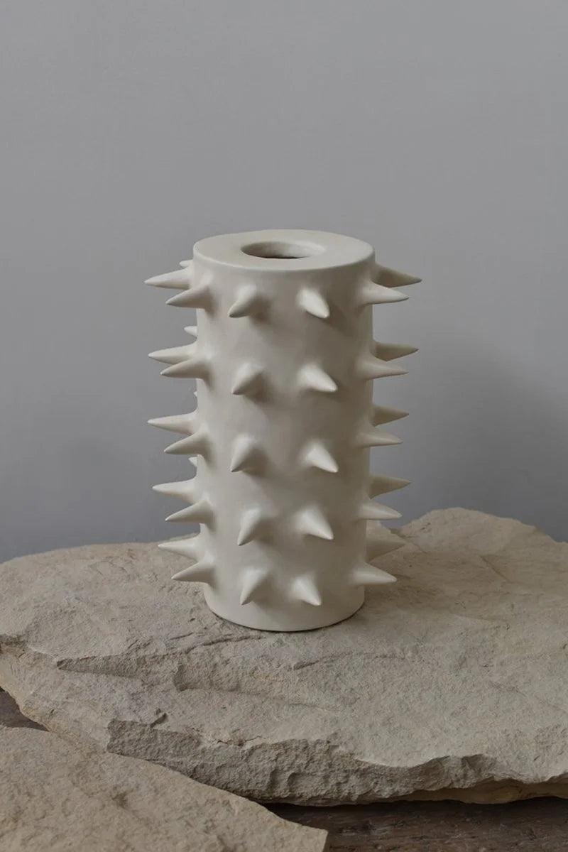 Handcrafted tall white ceramic vase with spikes by OWO Ceramics
