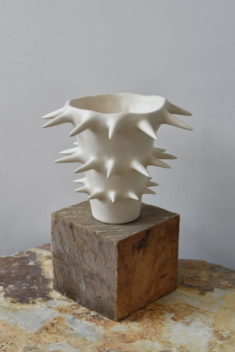 Handmade white ceramic flower vase with spikes by OWO Ceramics 