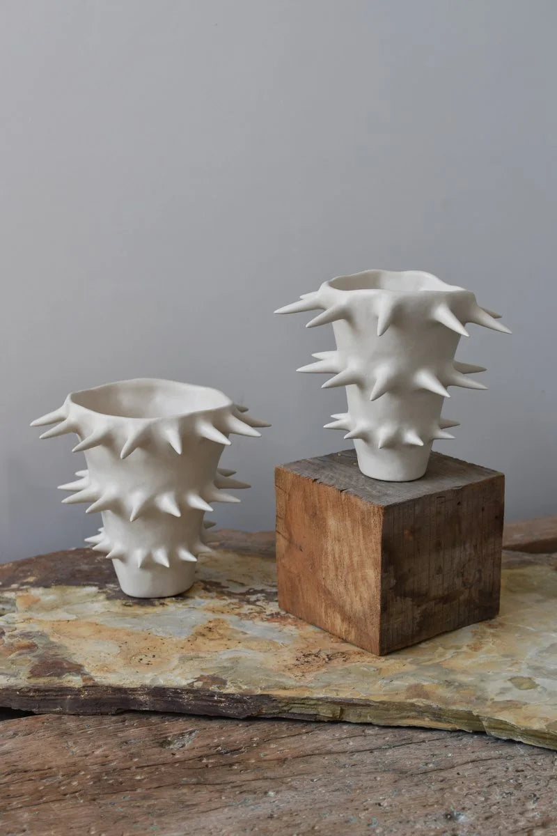 Handcrafted white ceramic flower vases with spikes by OWO Ceramics