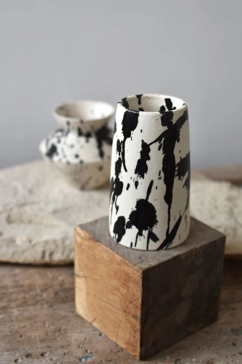 Handcrafted ceramic flower vases with hand-painted black splatters